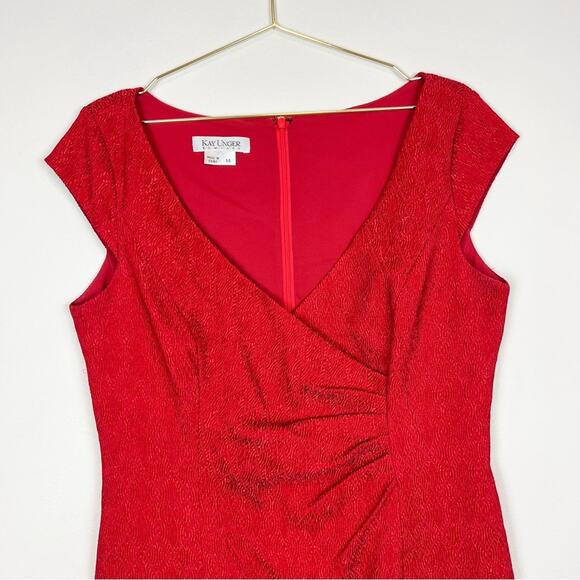 Kay Unger Red‎ Textured V-Neck Cap Sleeve Sheath Dress Size 14 - Picture 3 of 12